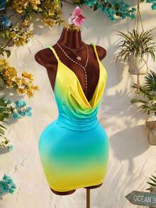 Amplova Plunging Neckline Rope Vacation Sleeveless Sexy Bodycon Ruched Mini Dress For Women - Blue - View 9
