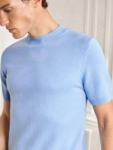 Officeau Men's Casual Solid Color Round Neck Short Sleeve Knit Top, Versatile For Summer - Dusty Blue - View 7