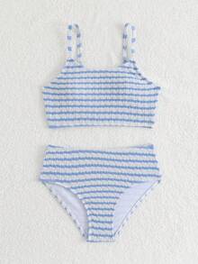 SHEIN Bộ bikini cho bé gái tuổi teen, áo tankini hai dây màu xanh trắng sọc gân nổi, có nếp nhăn, cùng quần tam giác có dây điều chỉnh, thích hợp cho kỳ nghỉ hè, đi biển, hồ bơi và các bữa tiệc. - Màu xanh lam - Xem 5