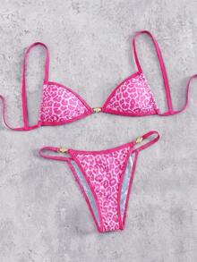 Swim SXY Bộ bikini hai mảnh gợi cảm dành cho nữ, kiểu tam giác nhỏ, xếp ly bên hông, dây đeo kim loại, thích hợp cho kỳ nghỉ biển. - Hồng - Xem 4