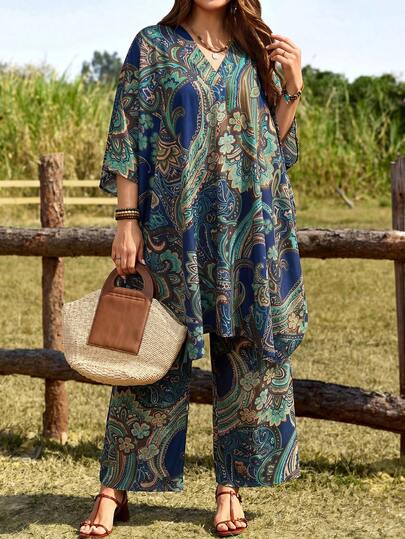 EMERY ROSE Ensemble 2 pièces grande taille, Top à imprimé tout-sur-col en V et pantalon large, tenue décontractée pour les vacances