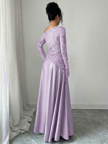 Modelyn Women's Autumn Brown Sexy Asymmetrical Shoulder Mesh Embroidered Long Sleeve High Waist A-Line Dress - Purple - View 2