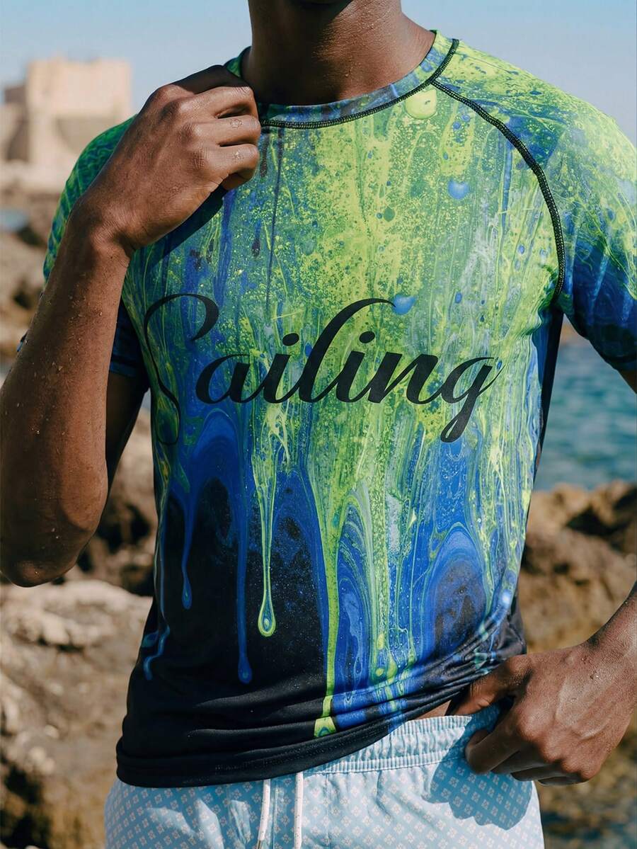 Palasendo Men's Splash Ink Print Rash Guard Swimwear Rashguard Men Surf Graphic Tees For Men Beach Top - Green - View 1