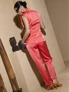 Dancing Leopard Conjunto de Blazer sin Mangas Naranja y Pantalón Cigarrillo, Conjunto Co Ord para Mujer, Atuendos de Verano para Mujer, Atuendos de Vacaciones, Atuendo de Salida Nocturna para Mujer - Naranja - Ver 2