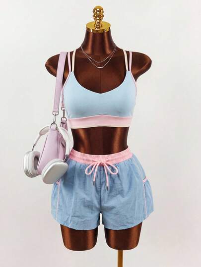 Amplova Cool Wear Collection. Back To School Fashion. Vanilla Style. Women's Casual Drawstring Belt Color-Blocked Athletic Shorts, Blue, Pink And Yellow Color-Blocked Tennis Shorts, Versatile And Stylish. Suitable For Fitness Activities, Tennis, Pilates, Yoga, Running, And Everyday Wear, Perfect For Spring, Summer, And Autumn.