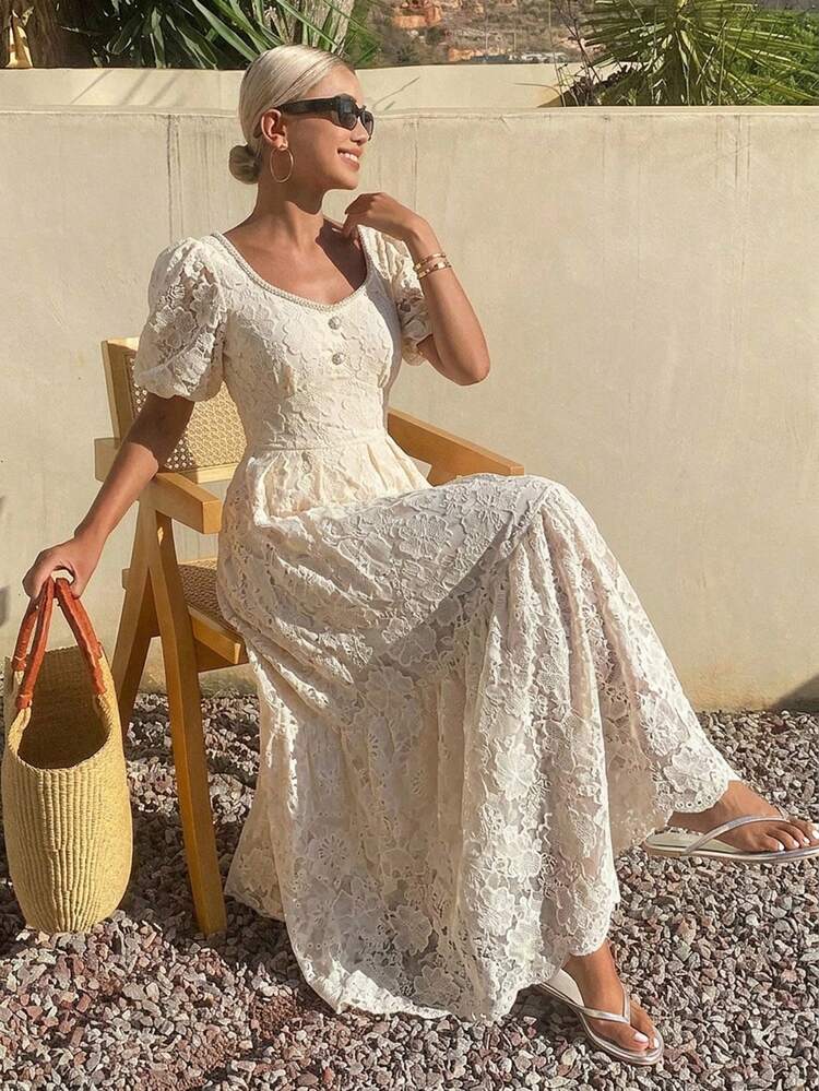 Women's Summer Vacation Floral Embroidery Faux Pearl Beaded Petal Sleeve Dress