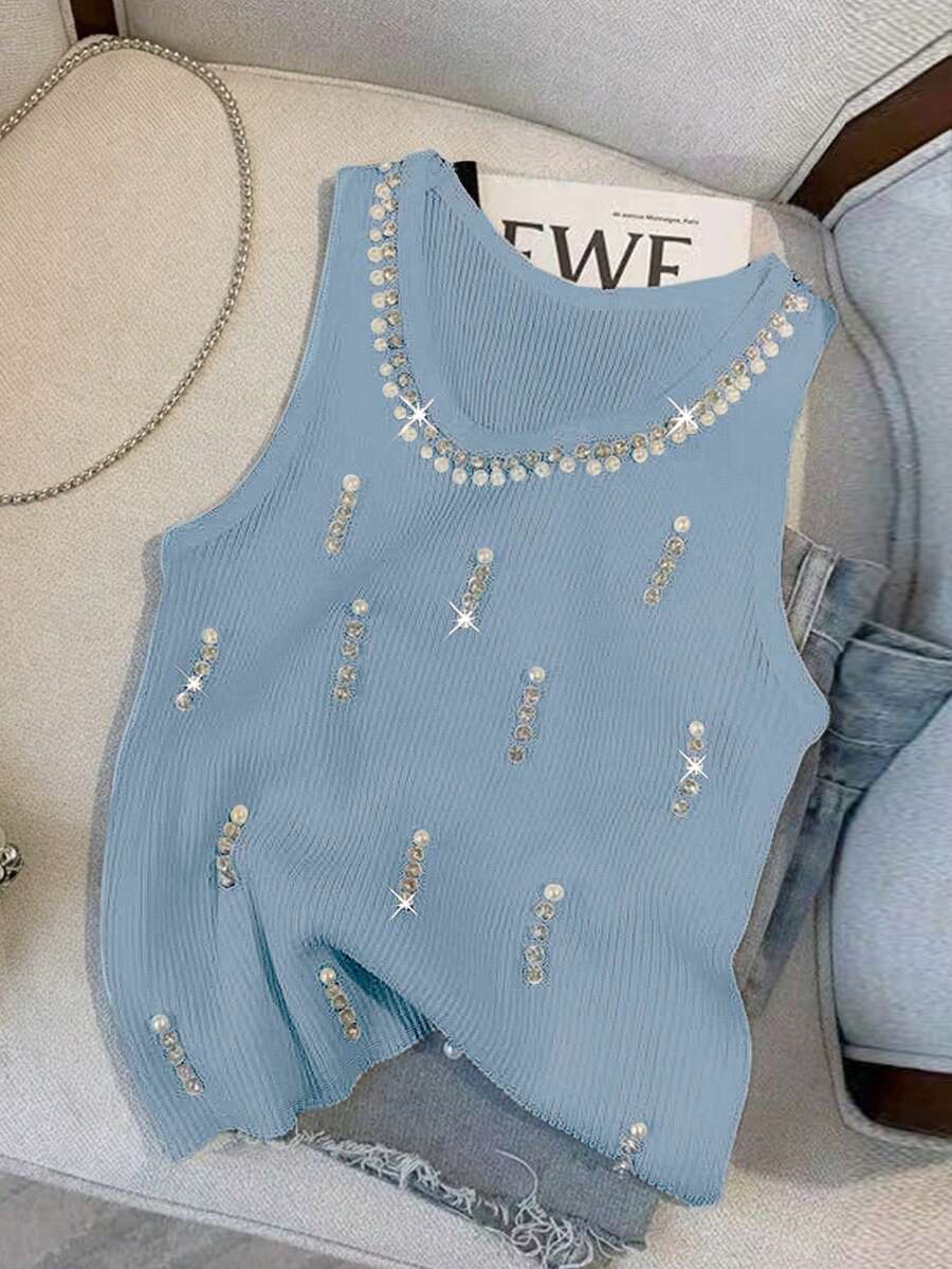 SHEIN Clasi Casual Simple & Versatile Slim Fit Sleeveless Cute Clothes Tops For Women, Daily Wear - Blue - View 1