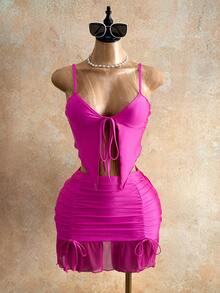 Mistrie Women's Summer Beach Vacation Style Solid Color Knot Asymmetrical Hem Cami Top And Pleated Ruffle Hem Skirt 2-Piece Set - Hot Pink - View 3