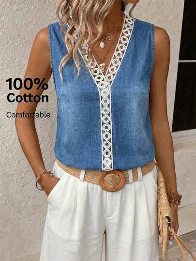 Easowa Women's Contrast Lace V-Neck Sleeveless Casual Denim Blouse Summer Carnival Costume Commuting Vacation Graduation Chic Y2k Cute Streetwear Coquette Party Wedding Elegant Business Casual Woman Business Beach Graduation Chic Women's Denim Vest Blouse V-Neck With Delicate White Lace Detail Sleeveless Summer Style