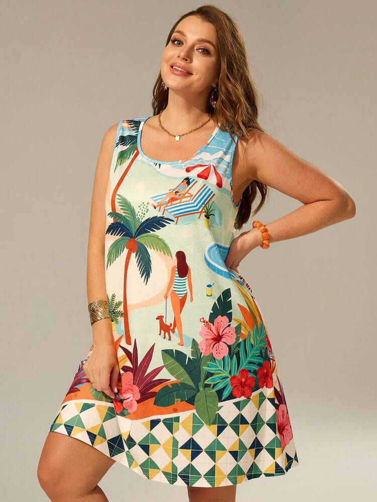 Plus Size Women Palm Tree Print Round Neck Sleeveless Casual Dress