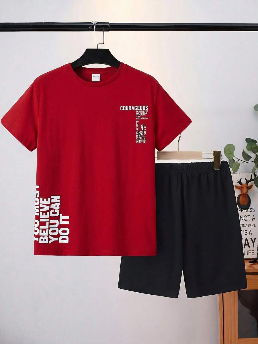 SHEIN 男童夏季休闲字母印花短袖T恤和短裤两件套睡衣,宽松舒适 - 紅色 - 查看 1