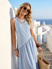 SHEIN Holidaya Đầm kẻ sọc tối giản có túi dành cho nữ, thích hợp cho du lịch biển. - Màu xanh lam - Xem 5