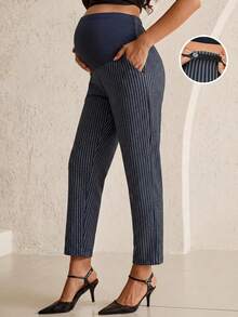 MaterniWear Quần ống rộng có túi, cạp điều chỉnh được, họa tiết sọc, dành cho phụ nữ mang thai. - Màu xanh hải quân - Xem 1
