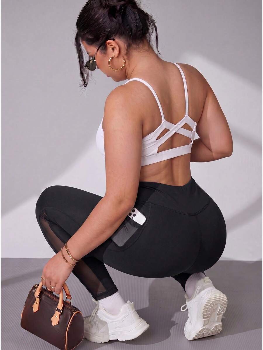 Slayform Slayform Plus Contrast Mesh Phone Pocket Side Sports Leggings Yoga Women Pants - Black - View 1