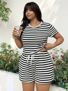 GalTyme Plus Size Summer Casual Striped T-Shirt And Shorts 2 Pieces Set - Multicolor - View 1
