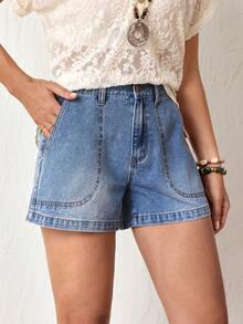 EMERY ROSE Quần short denim nữ dáng rộng, chất liệu denim mài, có túi xéo, thích hợp cho mùa hè. - Màu xanh lam - Xem 5