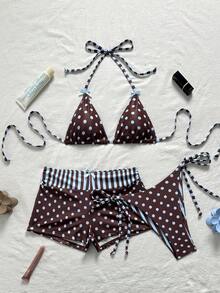 Swim Mod 女士26SS春夏新款波点条纹印花V领露背三角系带比基尼套装，三件套泳装，适合海滩度假 - 彩色 - 查看 4