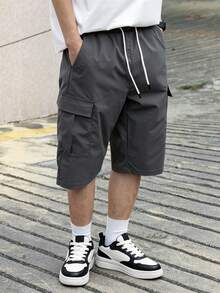 Manfinity Hypemode Men's Casual Solid Color Cargo Shorts, Summer - Dark Grey - View 3
