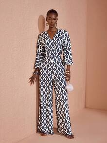 JIAN LASALA All-Over Print V-Neck Overlap Women Wide-Leg Jumpsuit Casual Boho Vacation Summer - Multicolor - View 6