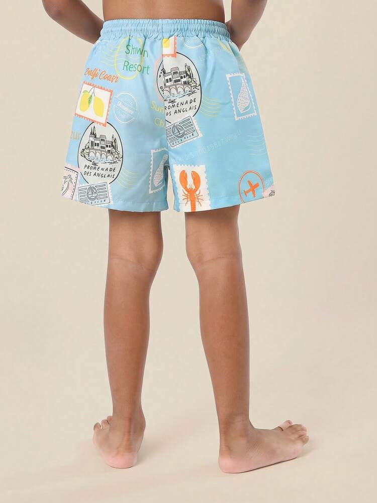 Regular Boys Pull On Swim Shorts With Vacation Travel Print And Drawstring