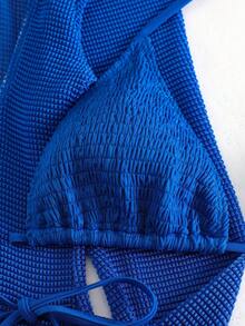 SHEIN Swim Summer Beach Smocked Bikini Set Halter Triangle Bra Top & Tie Side Bikini Bottom & Cover Up Dress 3 Pieces Bikini - Royal Blue - View 6