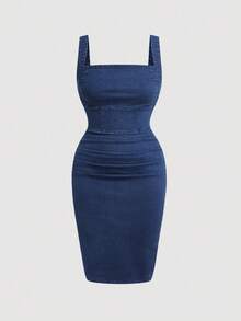 SHEIN Tall CURVE 大码女式夏季优雅简约褶皱修身牛仔吊带裙 - 藍色 - 查看 6