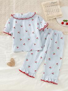 SHEIN Bộ đồ ngủ 2 món cho bé gái, ngọt ngào, dễ thương, thanh lịch, thoải mái, đơn giản, vui nhộn, mềm mại, thoáng khí, chất liệu crepe dệt họa tiết bong bóng, in hình quả anh đào hoạt hình, màu xanh trắng sọc, gồm áo khoác cardigan và quần dài. - Nhiều màu - Xem 2