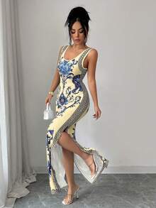SHEIN Elenzya Exquisite Printed Chinoiserie Waist-Cinching Slit Luxurious Retro Middle Eastern UAE Style Robe, Tight Fit, Multi-Color, Sleeveless - Multicolor - View 6