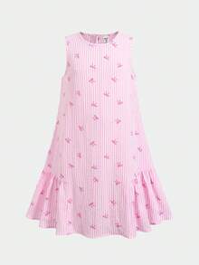 SHEIN 少女蝴蝶结条纹荷叶边无袖连衣裙 - 淺粉色 - 查看 6