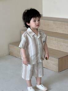 DAZY Bộ áo polo tay ngắn kẻ sọc dáng thường ngày cho bé trai - Màu Khaki - Xem 7
