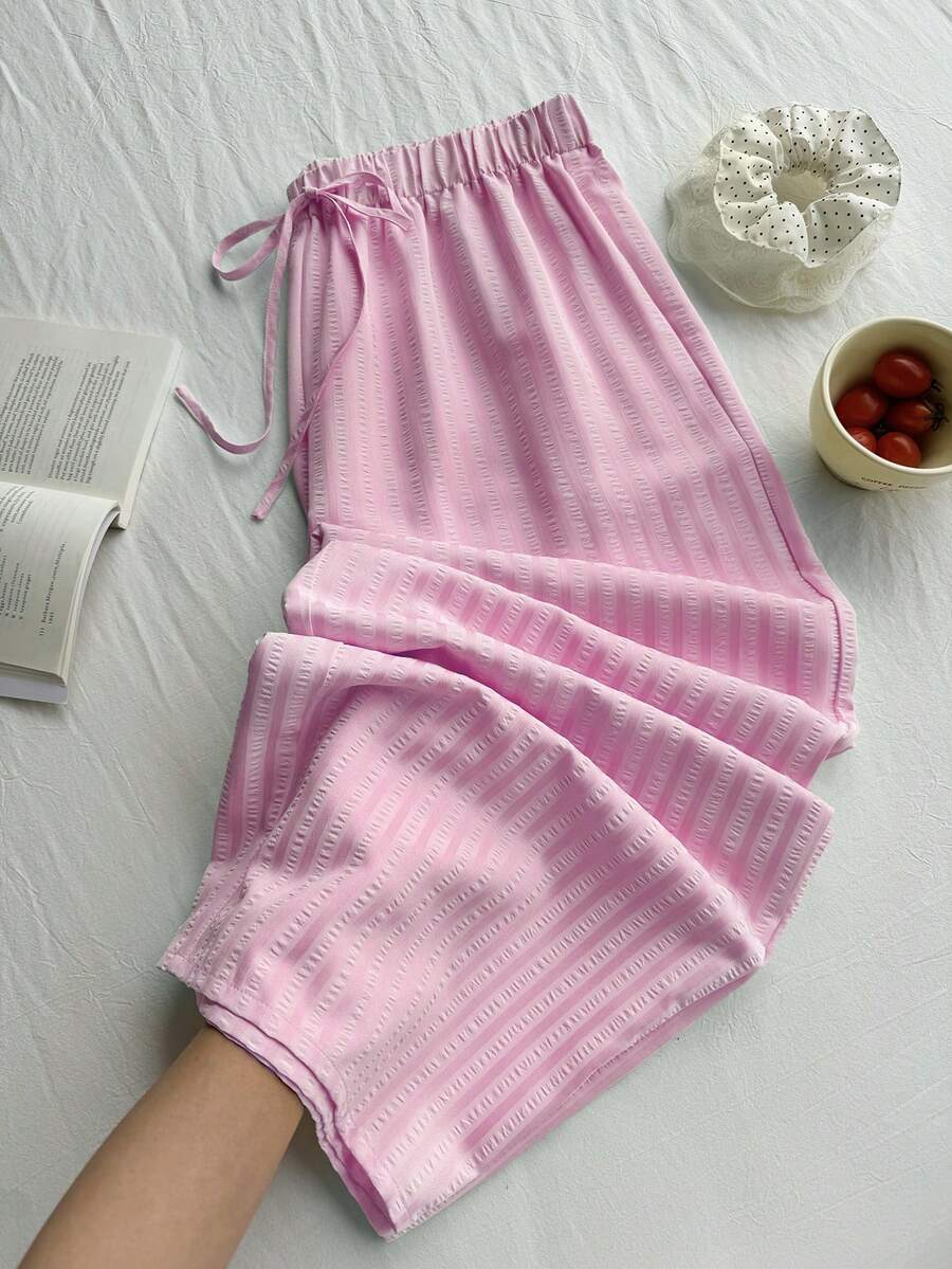 Comfortcana 大码女式宽松休闲粉色条纹夏季长裤,度假必备。粉色下装,浅粉色柔软短裤,粉色夏季长裤套装 - 粉色 - 查看 1