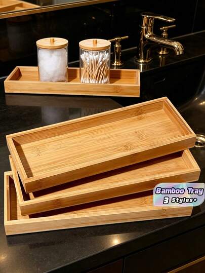1pc/2pcs/3Pcs Bamboo Serving Tray Bathroom Organizer Decorative Multi Use Bathroom Counter Tray With Edges Bamboo Vanity For Dresser Tissues Candles Jewelry, Cosmetics