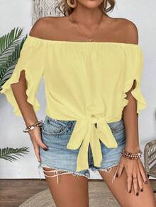 EMERY ROSE Plus Size Women Summer Beach Vacation Minimalist Solid Color Off Shoulder Ruffle Sleeve Tie Hem Blouse - Light Yellow - View 3