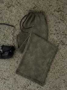 Pantalones de chándal rectos de talle bajo para mujer, aptos para el verano, lavados - Verde militar - Ver 5