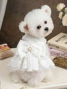 PETSIN 1pc Cat And Dog Universal Clothes, Princess Style Elegant White Lace Pet Wedding Dress With Pearl Big Bow And Ruffle Collar Decoration Luxurious Mesh Fluffy Small Dog Dress - White - View 2