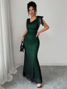 SHEIN Raffinéa Contrast Color Mesh Double Ruffle Collar Bow Tie Waist Fitted Fishtail Backless Sleeveless Dress For Women - Green - View 3