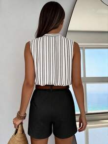 EMERY ROSE Conjunto de top sin mangas a rayas + pantalones cortos de unicolor - Blanco y Negro - Ver 2