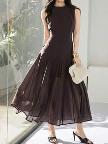 Heiryn Vestido elegante de unicolor con cuello redondo y sin mangas, talla grande, primavera/verano - Café integral - Ver 1