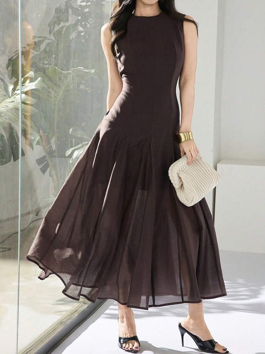 Heiryn Vestido elegante de unicolor con cuello redondo y sin mangas, talla grande, primavera/verano - Café integral - Ver 1