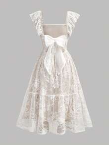 Pitira Vestido de encaje elegante con tirantes finos, ajustado, con mangas con volantes, espalda descubierta, cuello con lazo y textura, de largo medio, para niñas preadolescentes, adecuado para primavera/verano, dama de honor - Blanco - Ver 7