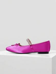 MOTF Zapatos planos vintage cómodos y casuales con detalles de strass y decoración de lazo - Rosa Fucsia - Ver 2