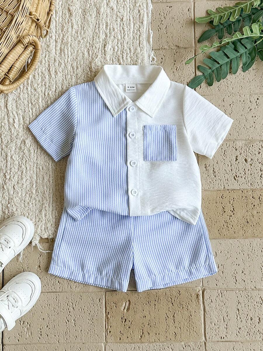 Vintaside Kids 男婴装饰贴袋翻领短袖开衫和短裤套装