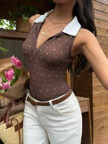 Serisse 女士撞色波点印花休闲修身背心，夏季 - 棕色 - 查看 4