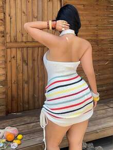 Sunnyshic 大码女式优雅休闲白色条纹露肩褶皱性感吊带侧抽绳针织毛衣连衣裙，适合休闲海滩、音乐节、春夏穿着 - 彩色 - 查看 3