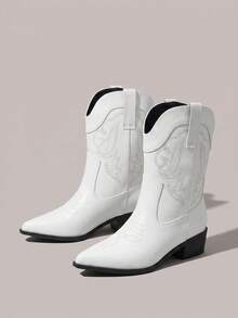 Styleloop Giày nữ thời trang cổ điển phương Tây gót dày gợi cảm mũi nhọn đế dày kiểu slip-on da PU thêu họa tiết lễ hội - Màu trắng 1 - Xem 10