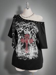 SHEIN ICON Robe T-shirt ample à épaule asymétrique et motif punk pour femmes grandes tailles - Noir - Voir 5