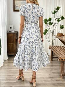 SHEIN Holidaya Allover Print Ruffle Hem Dress Maxi Women Outfit - Blue and White - View 2