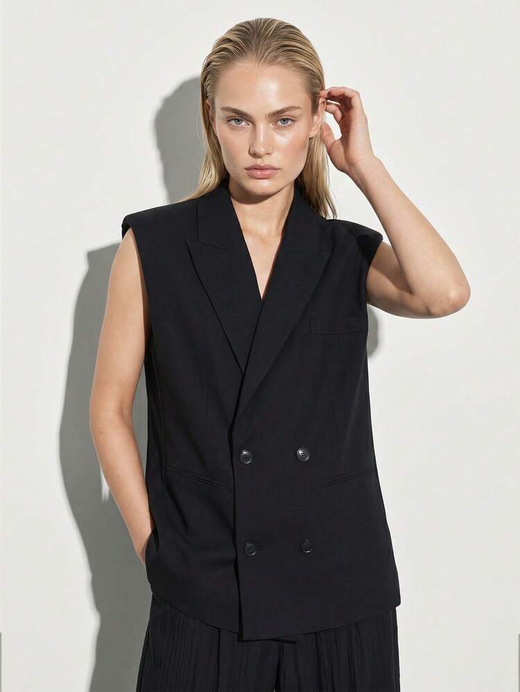 KSTM Women's Sleeveless Double Breasted Black Blazer Professional Tailored Vest Jacket For Business Office Work Spring Summer
