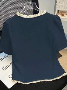 GlowEve Women's Casual Contrast Color Lace Trim T-Shirt, Summer - Dusty Blue - View 2