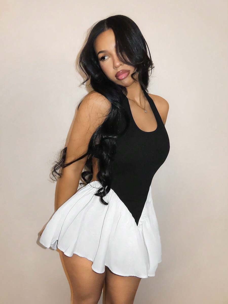 SHEIN BamGlam Black And White Colorblock High Waisted Backless A-Line Short Dress,Women's Summer Seksi Chic Club Night Streetwear,Casual Comfortable Stretchy Slim